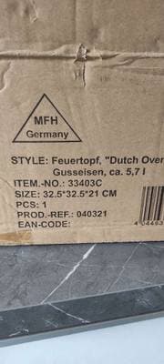 Dutch Oven - NEU OVP - Feuertopf aus Gusseisen 5,7L 32,5x32,5x21cm NEU OVP