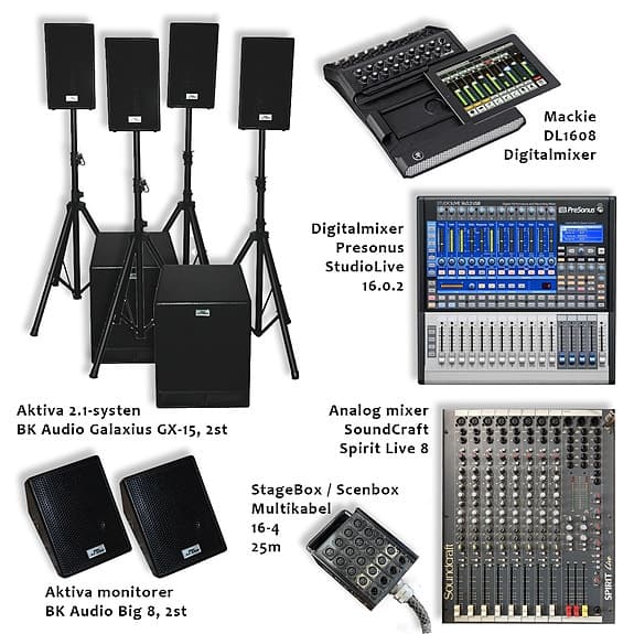 PA system 2.1 aktiva, Mixerbord Presonus Mackie Soundcraft, Monitorer, Scenbox