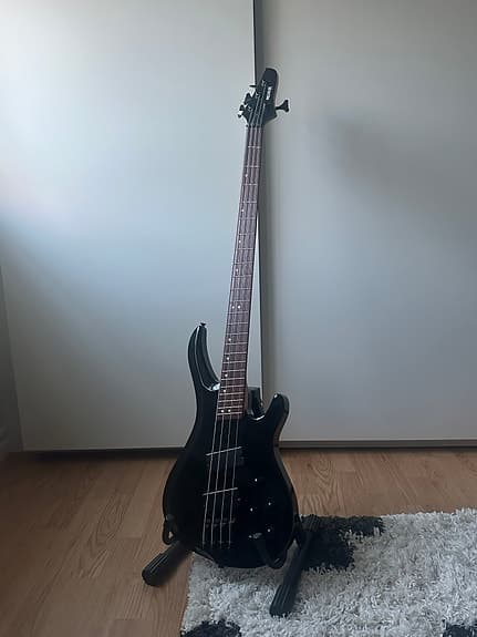 Svart basgitarr med gitarrställ