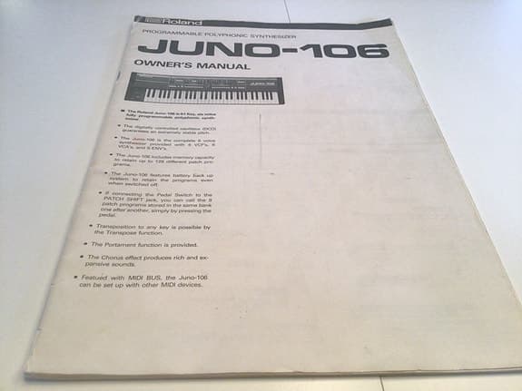 VINTAGE , ROLAND , OWNER’s MANUAL , JUNO 106 , 1984.