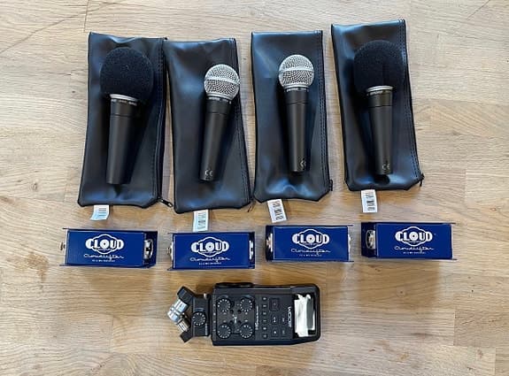 Podcastpakke til 4 (zoom h6 + shure sm58 + cloudlifter cl-1 + stativ)