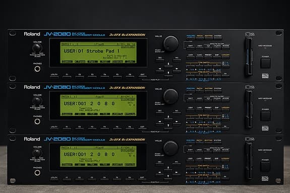 Roland JV-2080 x3 + komplett sett 19 SR-JV80 kort – Legacy-samling