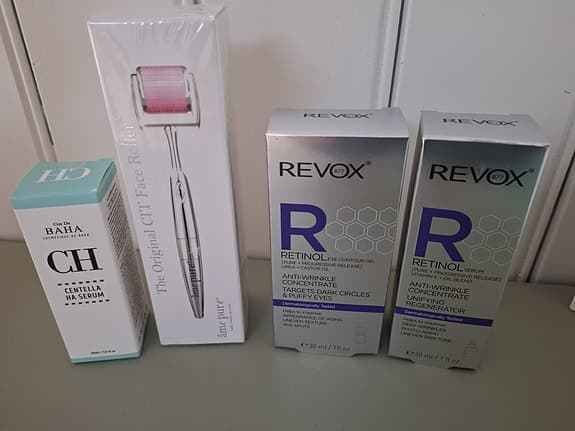 Revox Retinol serum + eyegel og Cos De Baha Centella serum + dermaroller