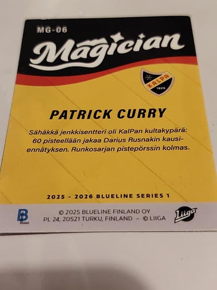 Jääkiekkokortti: Patrick Curry – Magician (KalPa) 2025–26 Blueline /500 - image 3