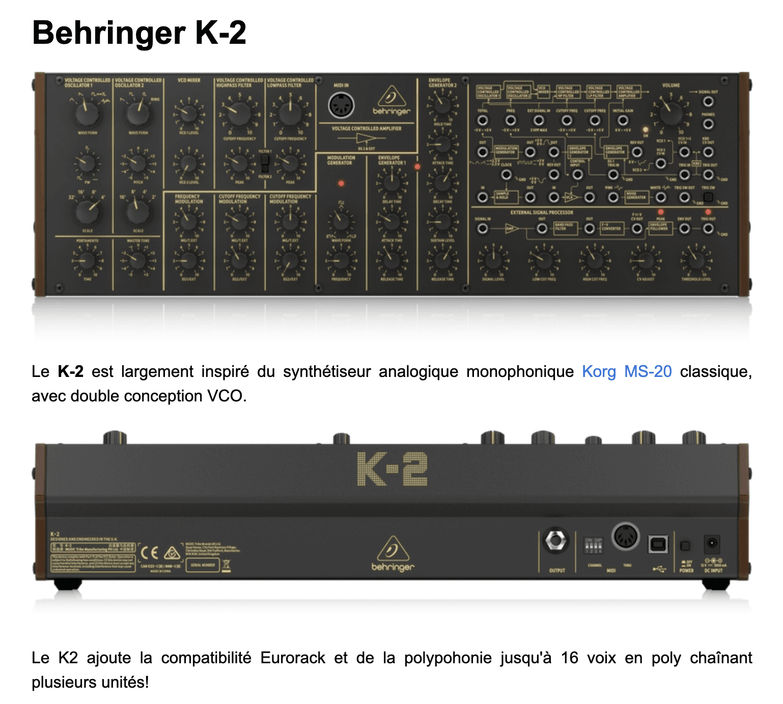Vends Behringer K-2 mk1