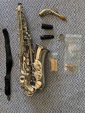 Sax contralto nichelato con custodia rigida e accessori