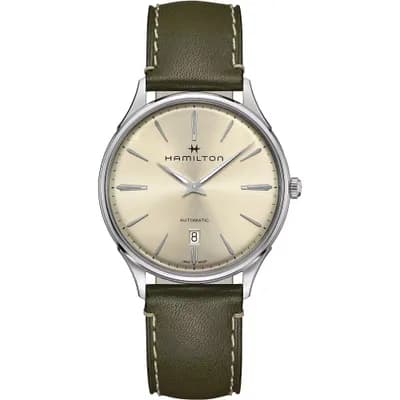 Hamilton Jazzmaster Thinline H385250 Beige | Automatikuhr mit EdelstahLadegerätehäuse | grünem Lederarmband | Datum und Originalverpackung | Zustand: Wie Neu #4071558
