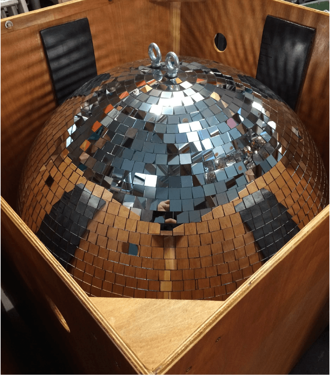 1m Mirror Ball Silver (25mm glass facet) plus Ply Transport Case - London