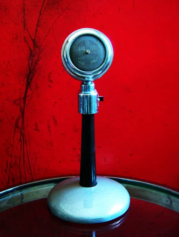Vintage RARE 1940's Amperite PGAL dynamic microphone Chrome w period Astatic E6G stand prop display