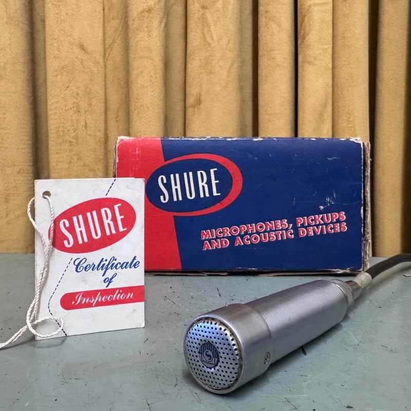 Shure 77 Slim-X Crystal microphone w box, Handle attachment, hang tag and more Mid-Century