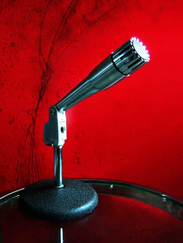Vintage 1960's Calrad DM-21 dynamic Satin Chrome microphone w desk stand Lafayette Olson Aiwa # 2