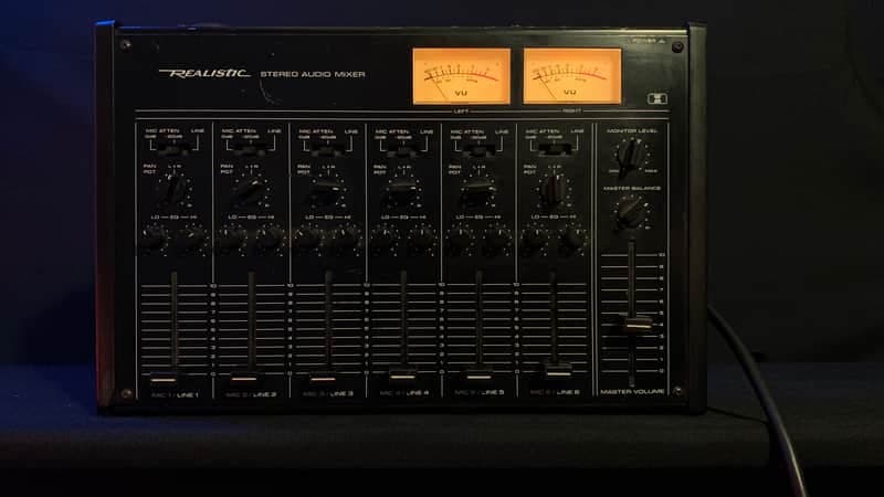 rare Realistic Stereo Audio Mixer - Vintage Mixer with VU meters, EQ, Compact, Warm, Mixing Deck 1980s