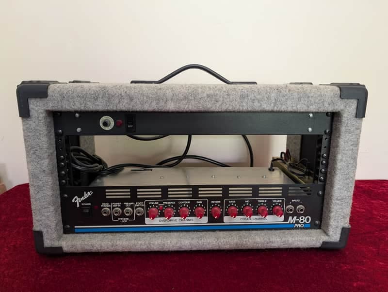 Vintage Fender M-80 Pro Rack Mount Guitar Amplifier Head in Carpeted Rack Case w/ Power Strip & Reverb Tank 80s 90s Amp