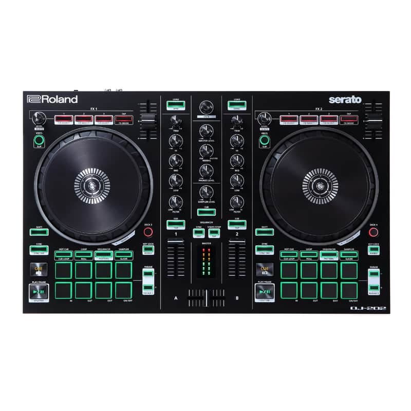 Roland DJ-202 Lightweight Design Easy-Grab Handles Plug-and-Play Connectivity Two-Channel Four-Deck USB Powered Serato DJ Controller with Serato DJ Pro Upgrade