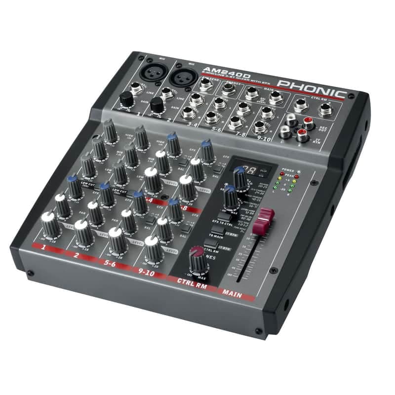 Phonic AM240D 6-Channel Mixer * 32/40-bit DSP with 100 sound effects * Stereo FX send * 2 Mic inputs + 4 Stereo Line inputs *