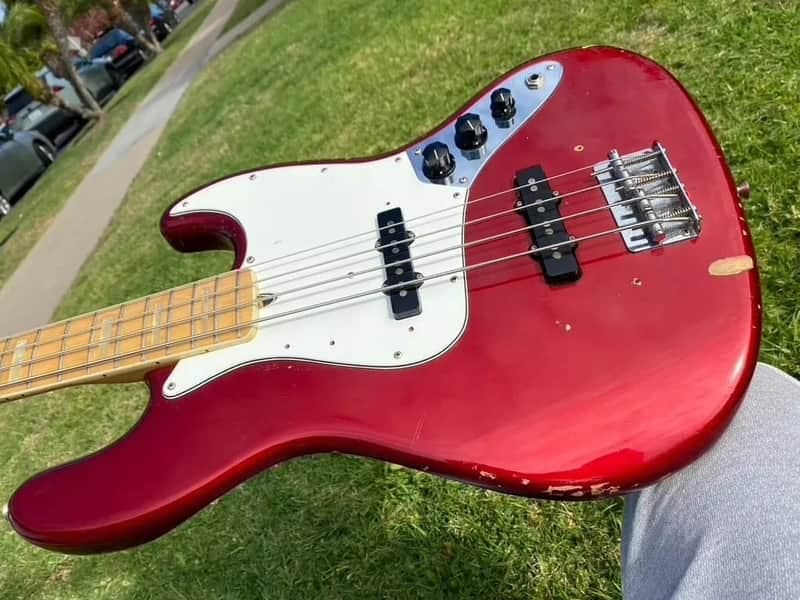 1974 Fender Jazz Bass Candy Apple Red with Maple Neck w/ Original Case 8.7 lbs