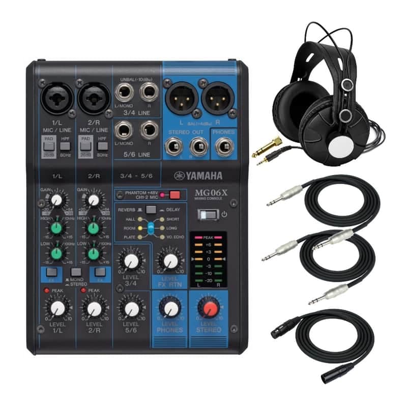 Yamaha MG06X 6-Input Compact Stereo Mixer Bundle with Headphones and Cable