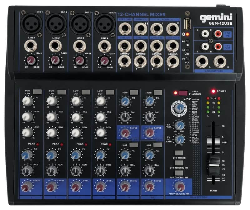 Gemini GEM-12USB 12 Channel Bluetooth Mixer w/USB 12 Ins/2 Bus/3 Band EQ,Effects