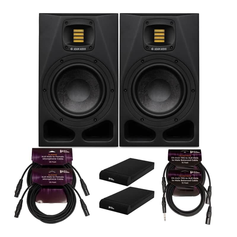 Adam Audio A7V Powered Two Way Studio Monitor 2 Pack with Mic Cable Bundle