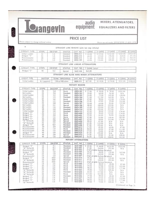 Langevin Audio Equipment Catalog 1970 Price List Attenuator Mixer 252-A Equalizer