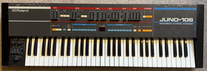 1984 Roland Juno-106 61-Key Programmable Polyphonic Synthesizer (all VCA/VCF chips replaced) with Hard Shell Case