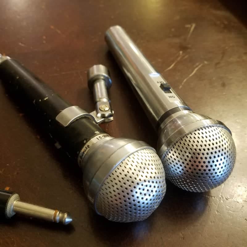 Calrad TWO (2) DM-31 beautiful Japan highball dynamic mic and stand connection Hi-Z late 1960s - chrome, black, and brushed stainless steel