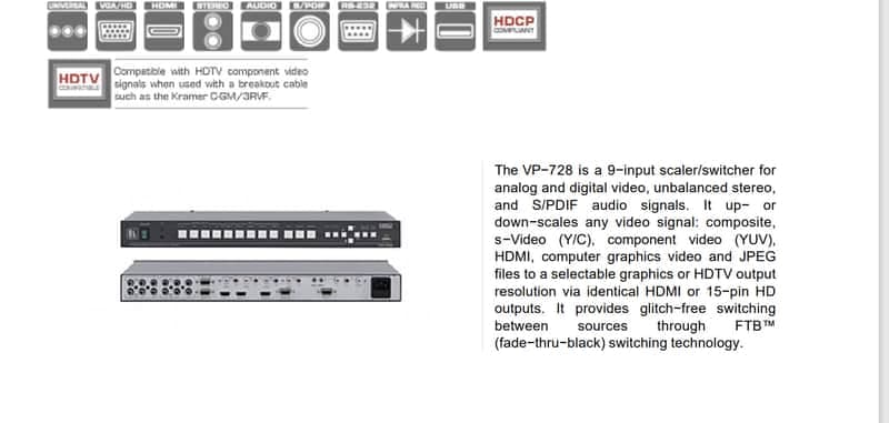 Kramer Universal Presentation Matrix Switcher/Scaler (( Vp-728 )) - Gray