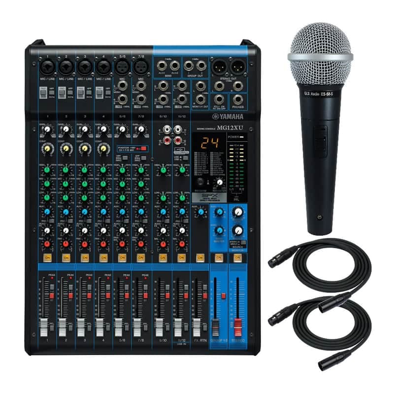 Yamaha MG12XU Mixer Bundle with ES-58-S Microphone and Kirlin 25 Ft Cable